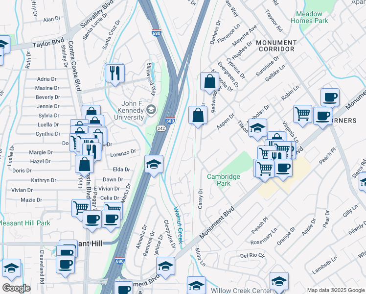 map of restaurants, bars, coffee shops, grocery stores, and more near 1241 Brookview Drive in Concord