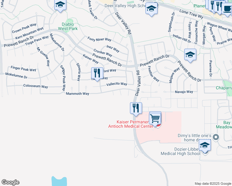 map of restaurants, bars, coffee shops, grocery stores, and more near 2705 Stanley Court in Antioch