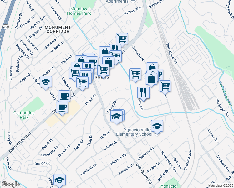 map of restaurants, bars, coffee shops, grocery stores, and more near 1060 Oak Grove Road in Concord