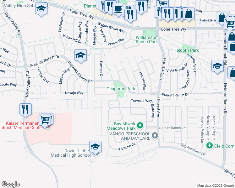 map of restaurants, bars, coffee shops, grocery stores, and more near 5298 Candlewood Way in Antioch