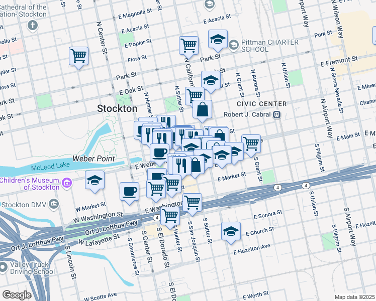 map of restaurants, bars, coffee shops, grocery stores, and more near 319 East Weber Avenue in Stockton