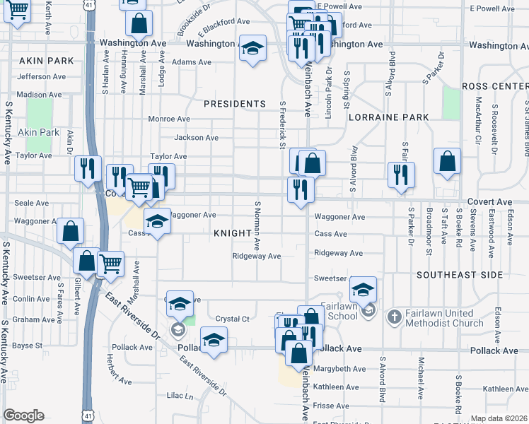 map of restaurants, bars, coffee shops, grocery stores, and more near 1808 Waggoner Avenue in Evansville