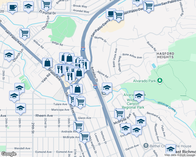 map of restaurants, bars, coffee shops, grocery stores, and more near 1500 Amador Street in San Pablo