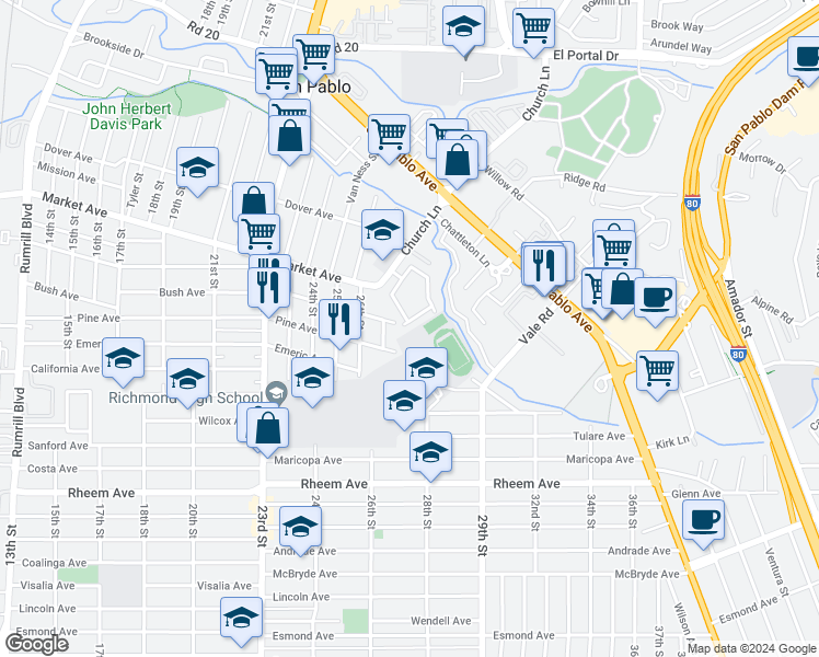 map of restaurants, bars, coffee shops, grocery stores, and more near 83 Villa Drive in San Pablo