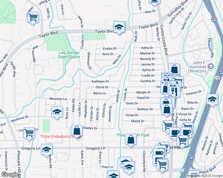 map of restaurants, bars, coffee shops, grocery stores, and more near 277 Gloria Drive in Pleasant Hill