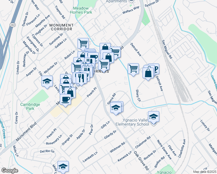 map of restaurants, bars, coffee shops, grocery stores, and more near 1050 Oak Grove Road in Concord