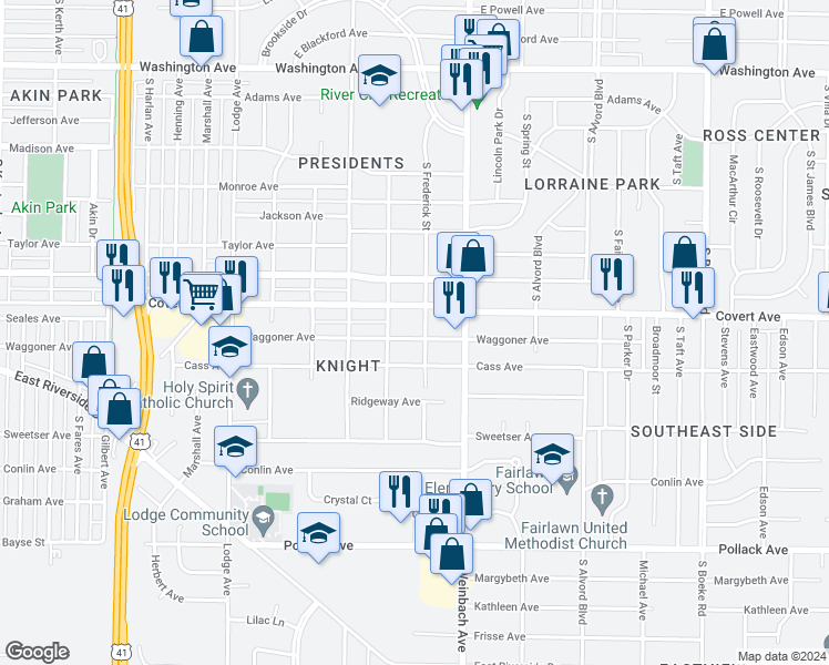 map of restaurants, bars, coffee shops, grocery stores, and more near 1822 Waggoner Avenue in Evansville