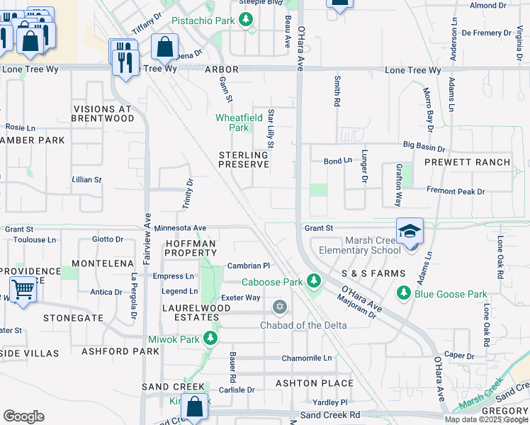 map of restaurants, bars, coffee shops, grocery stores, and more near 1022 Natwick Way in Brentwood