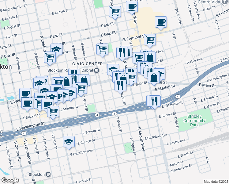 map of restaurants, bars, coffee shops, grocery stores, and more near 16 South Union Street in Stockton