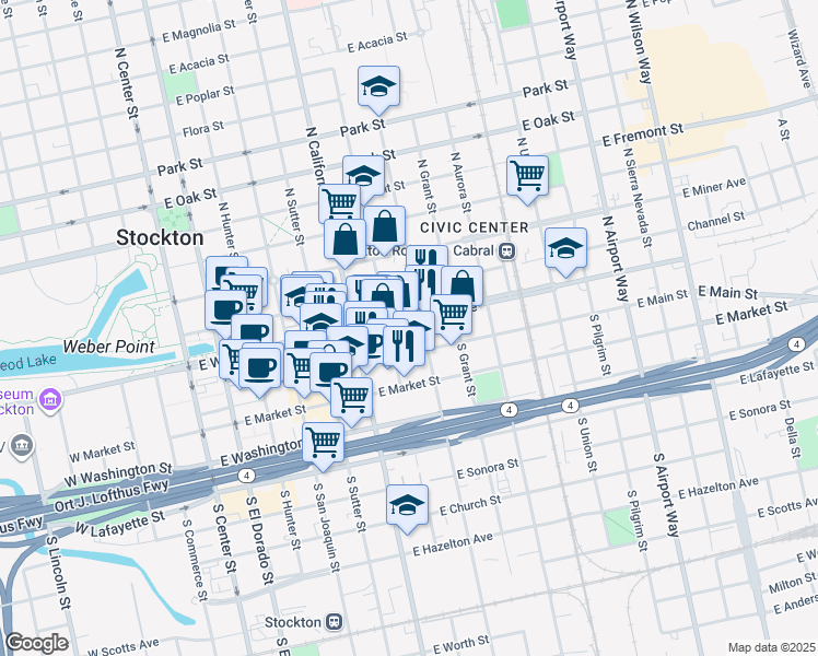 map of restaurants, bars, coffee shops, grocery stores, and more near 630 East Weber Avenue in Stockton