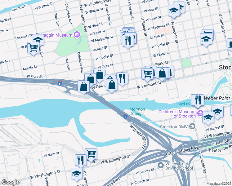 map of restaurants, bars, coffee shops, grocery stores, and more near 1204 W Fremont St in Stockton