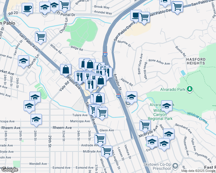map of restaurants, bars, coffee shops, grocery stores, and more near 1539 Humboldt Avenue in San Pablo