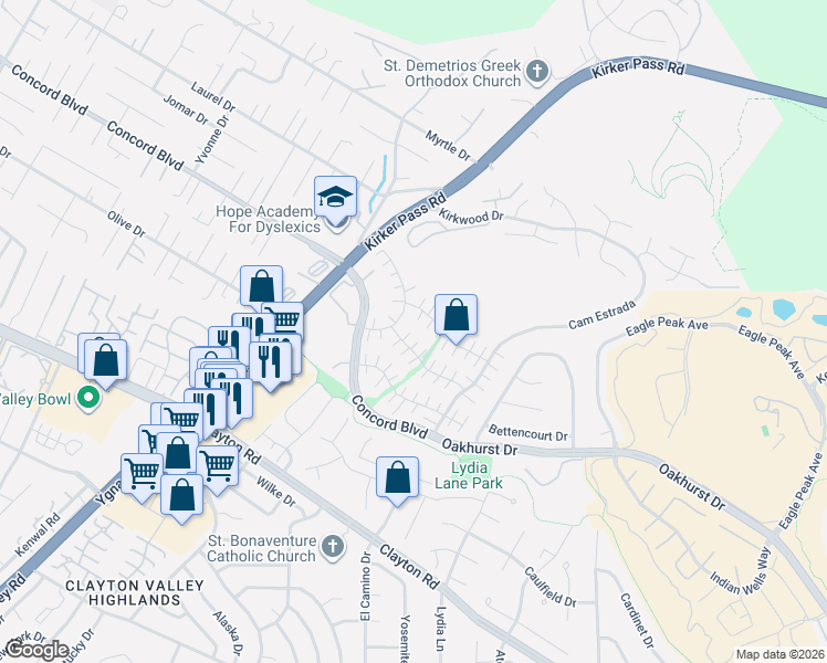 map of restaurants, bars, coffee shops, grocery stores, and more near 5453 Anselmo Court in Concord