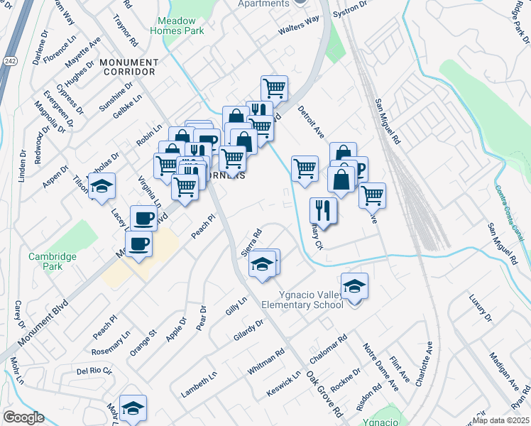map of restaurants, bars, coffee shops, grocery stores, and more near 2039 Sierra Road in Concord