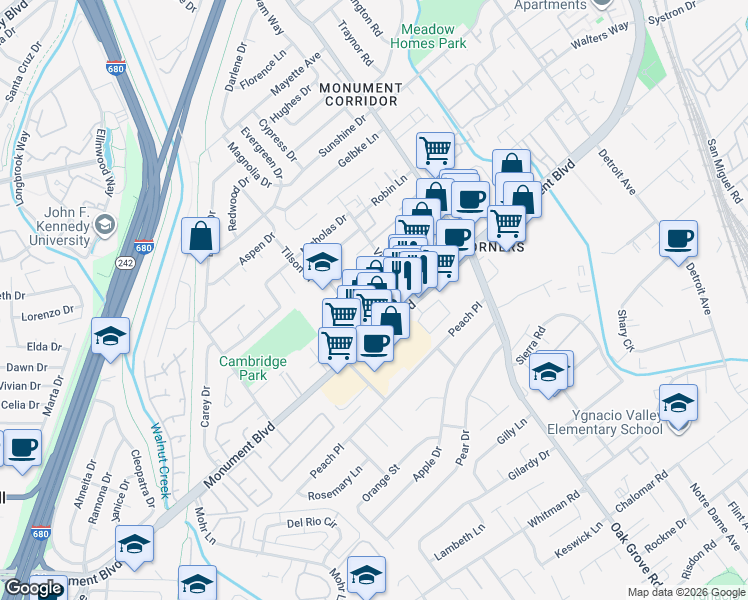 map of restaurants, bars, coffee shops, grocery stores, and more near 1631 Monument Boulevard in Concord