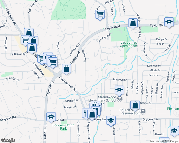 map of restaurants, bars, coffee shops, grocery stores, and more near 487 Malaga Way in Pleasant Hill