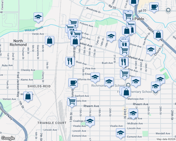map of restaurants, bars, coffee shops, grocery stores, and more near 1621 Emeric Avenue in San Pablo