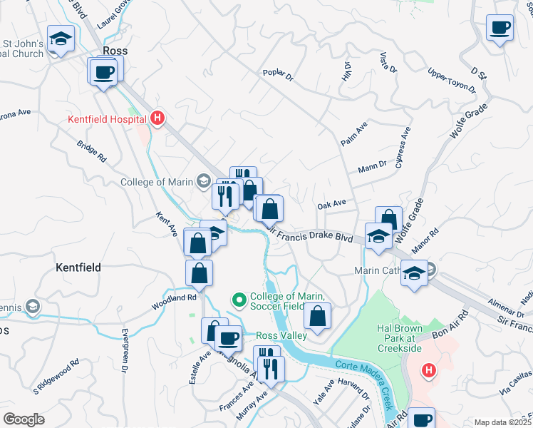 map of restaurants, bars, coffee shops, grocery stores, and more near 2 Ash Avenue in Kentfield