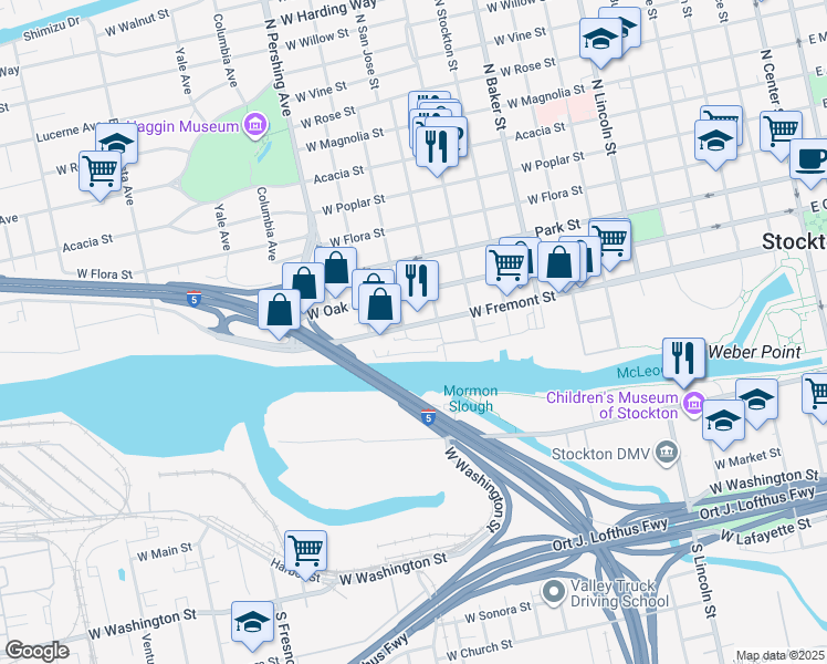 map of restaurants, bars, coffee shops, grocery stores, and more near 1204 West Fremont Street in Stockton