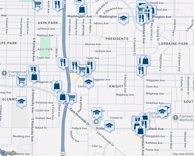 map of restaurants, bars, coffee shops, grocery stores, and more near 1501-1507 Waggoner Avenue in Evansville