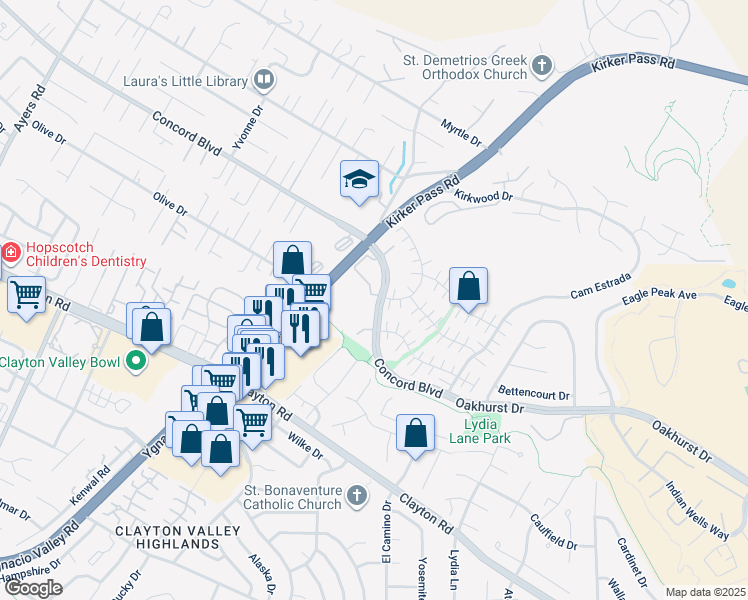 map of restaurants, bars, coffee shops, grocery stores, and more near 5450 Concord Boulevard in Concord