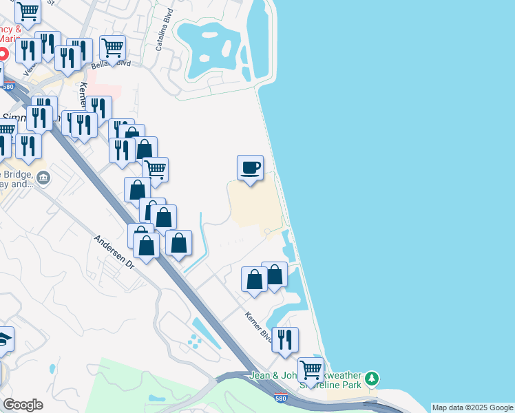 map of restaurants, bars, coffee shops, grocery stores, and more near 125 Shoreline Parkway in San Rafael