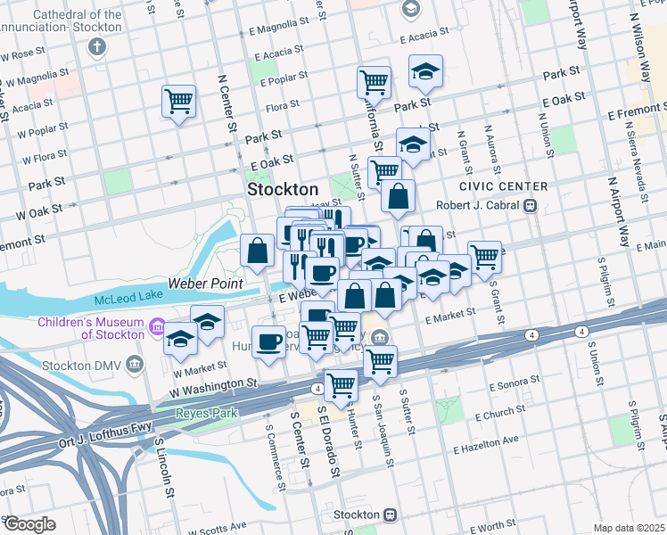 map of restaurants, bars, coffee shops, grocery stores, and more near 220 Channel Street in Stockton