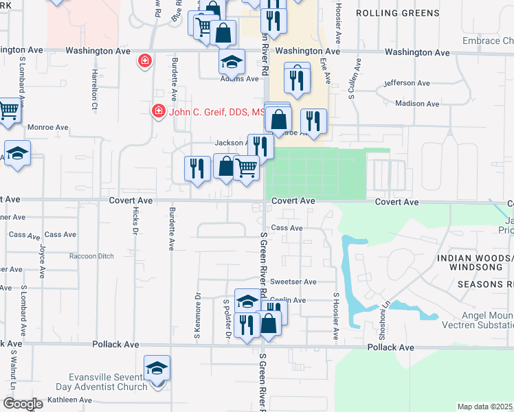 map of restaurants, bars, coffee shops, grocery stores, and more near 1601 South Green River Road in Evansville