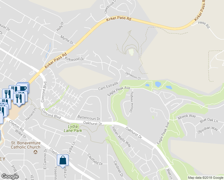 map of restaurants, bars, coffee shops, grocery stores, and more near 1873 Eagle Peak Avenue in Clayton