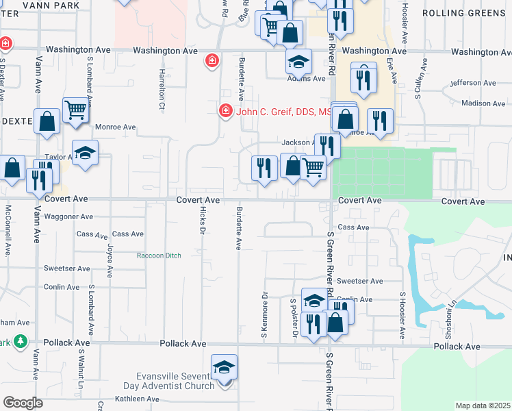 map of restaurants, bars, coffee shops, grocery stores, and more near 4321 Covert Avenue in Evansville