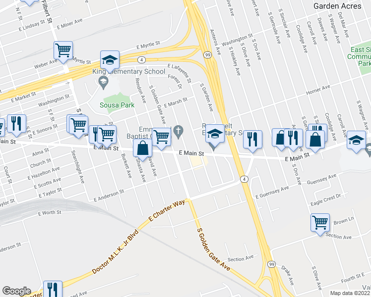 map of restaurants, bars, coffee shops, grocery stores, and more near 715 South Windsor Avenue in Stockton