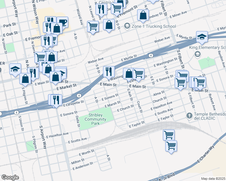 map of restaurants, bars, coffee shops, grocery stores, and more near 2044 East Lafayette Street in Stockton