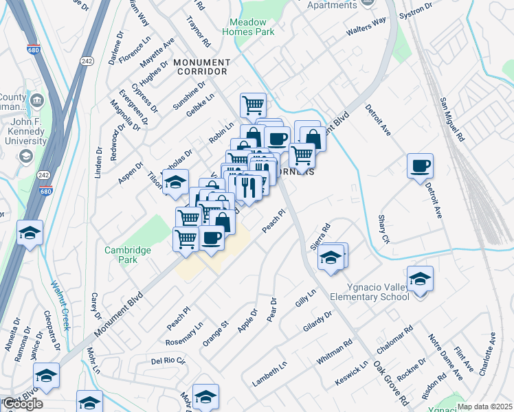 map of restaurants, bars, coffee shops, grocery stores, and more near 1800 Monument Boulevard in Concord