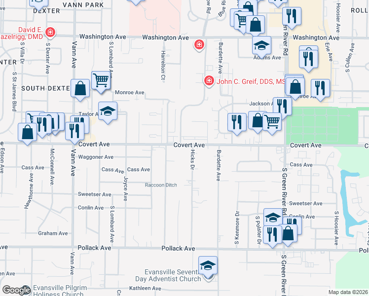 map of restaurants, bars, coffee shops, grocery stores, and more near 4011 Covert Avenue in Evansville