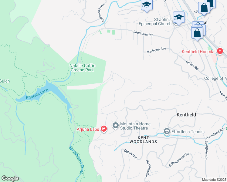 map of restaurants, bars, coffee shops, grocery stores, and more near 635 Goodhill Road in Kentfield