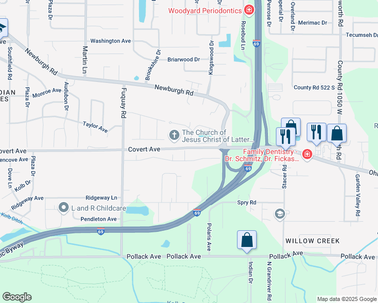 map of restaurants, bars, coffee shops, grocery stores, and more near 1616 Alberta Drive in Evansville