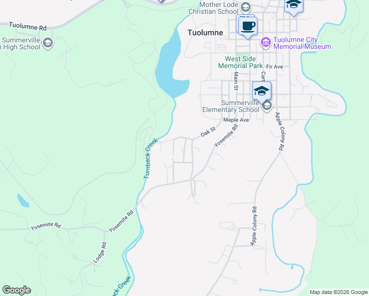 map of restaurants, bars, coffee shops, grocery stores, and more near Badenhammer Ln in Tuolumne