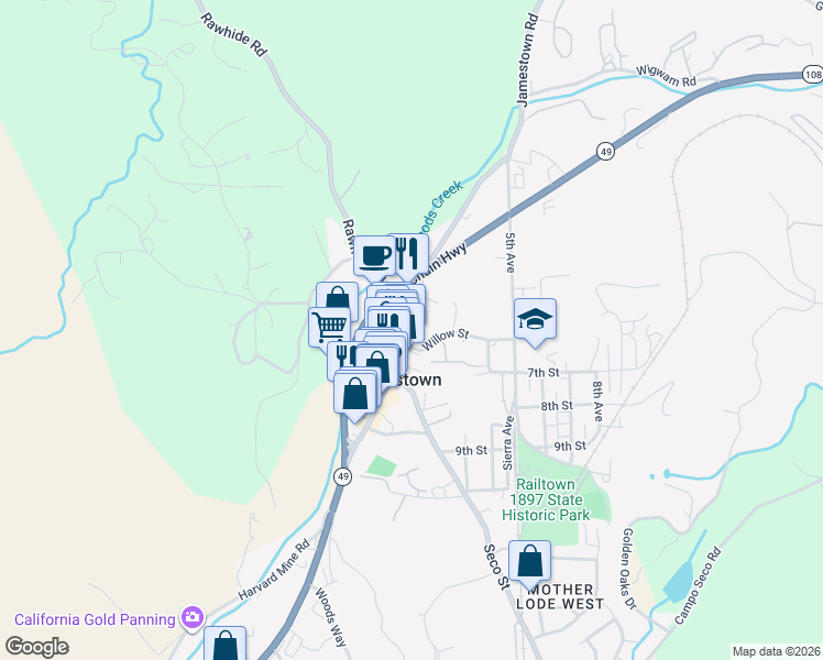 map of restaurants, bars, coffee shops, grocery stores, and more near 10324 Willow Street in Jamestown