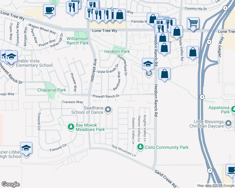 map of restaurants, bars, coffee shops, grocery stores, and more near 5406 Wildrose Court in Antioch
