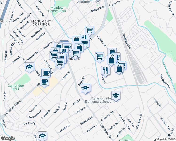 map of restaurants, bars, coffee shops, grocery stores, and more near 2039 Sierra Road in Concord