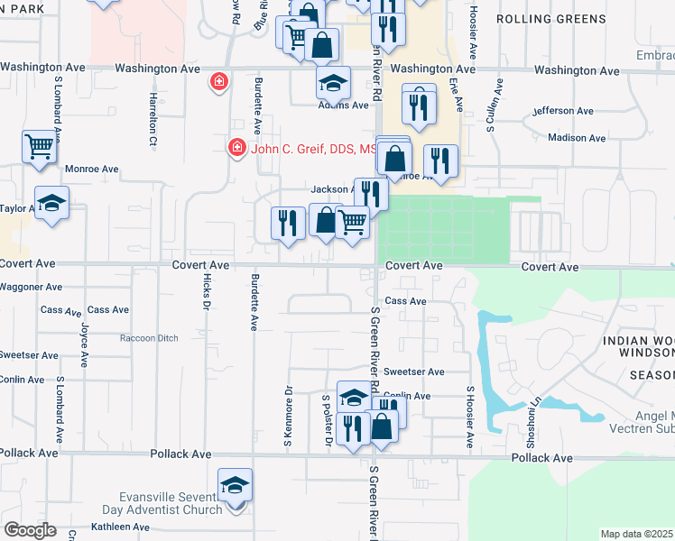 map of restaurants, bars, coffee shops, grocery stores, and more near 1610 South Polster Drive in Evansville