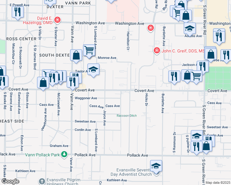 map of restaurants, bars, coffee shops, grocery stores, and more near 3700 Waggoner Avenue in Evansville