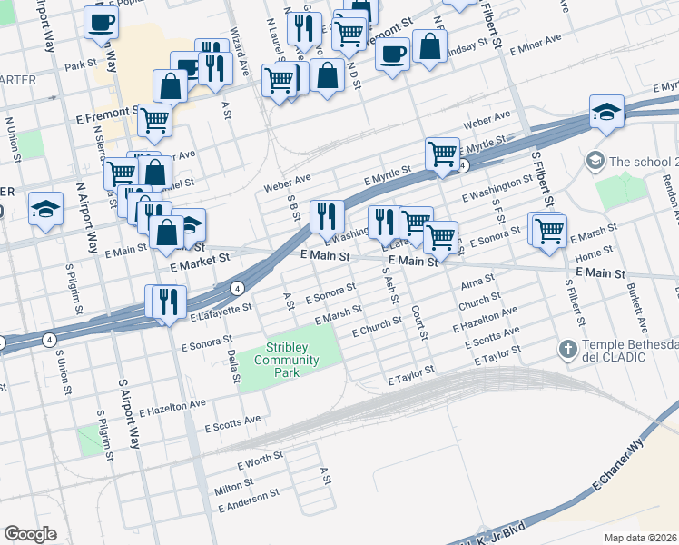 map of restaurants, bars, coffee shops, grocery stores, and more near 2044 East Lafayette Street in Stockton