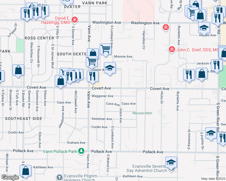 map of restaurants, bars, coffee shops, grocery stores, and more near 3404 Waggoner Avenue in Evansville