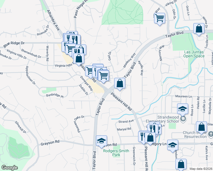 map of restaurants, bars, coffee shops, grocery stores, and more near 2628 Pleasant Hill Road in Pleasant Hill