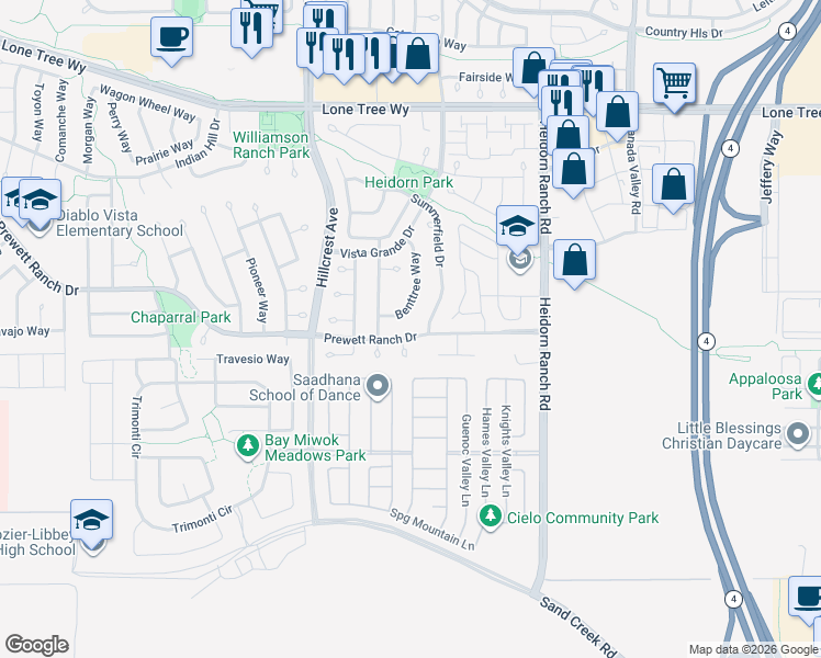 map of restaurants, bars, coffee shops, grocery stores, and more near 5406 Wildrose Court in Antioch