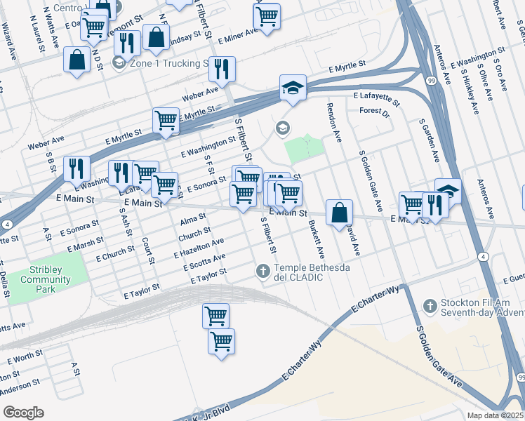 map of restaurants, bars, coffee shops, grocery stores, and more near E Main St & S Filbert St in Stockton