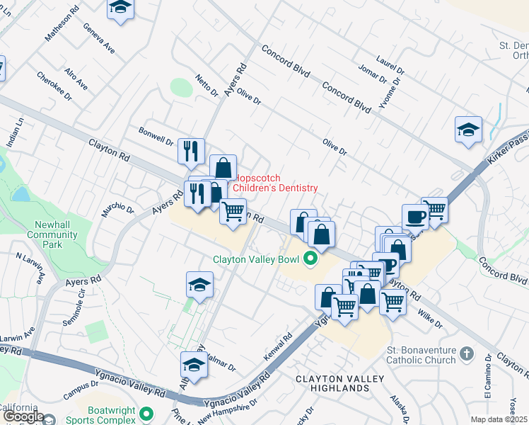 map of restaurants, bars, coffee shops, grocery stores, and more near 1501 Garcez Drive in Concord