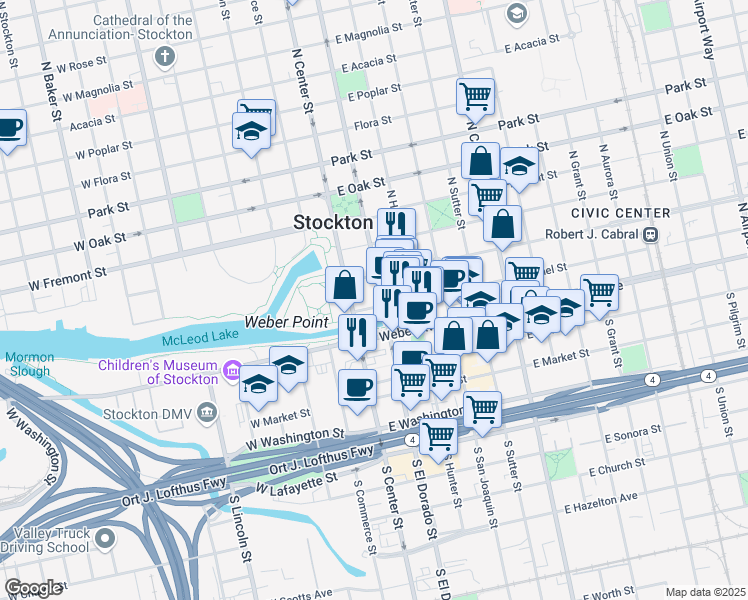 map of restaurants, bars, coffee shops, grocery stores, and more near 31 Channel Street in Stockton