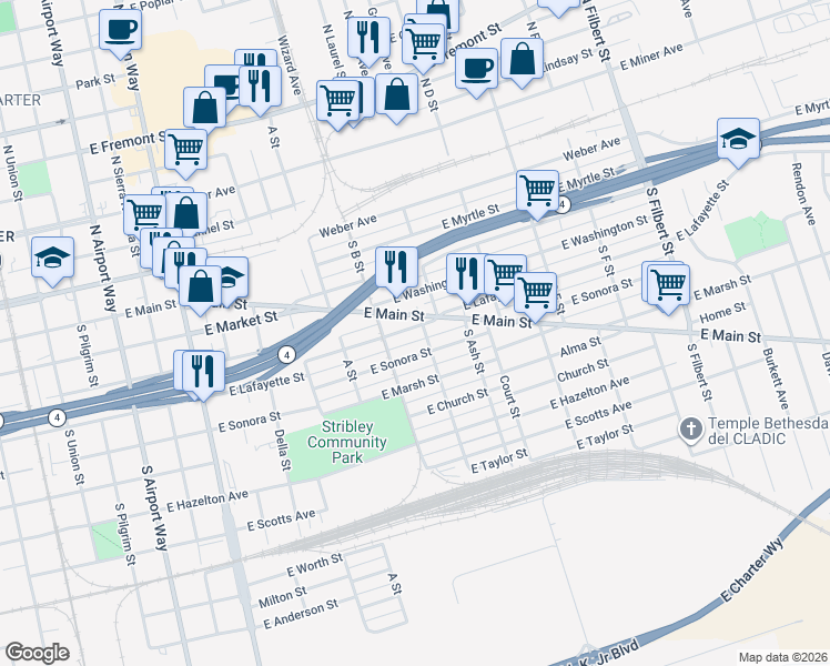 map of restaurants, bars, coffee shops, grocery stores, and more near 2020 East Lafayette Street in Stockton